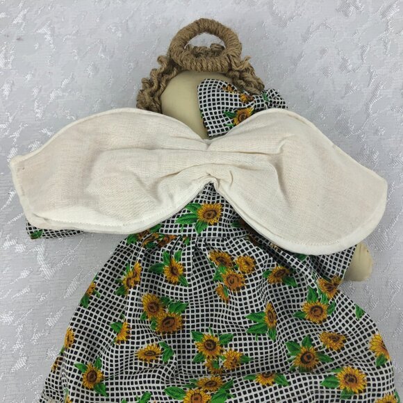 Vintage Cloth Doll Angel Dressed in Checkered and Sunflower Dress with Bows 16” - Picture 3 of 14